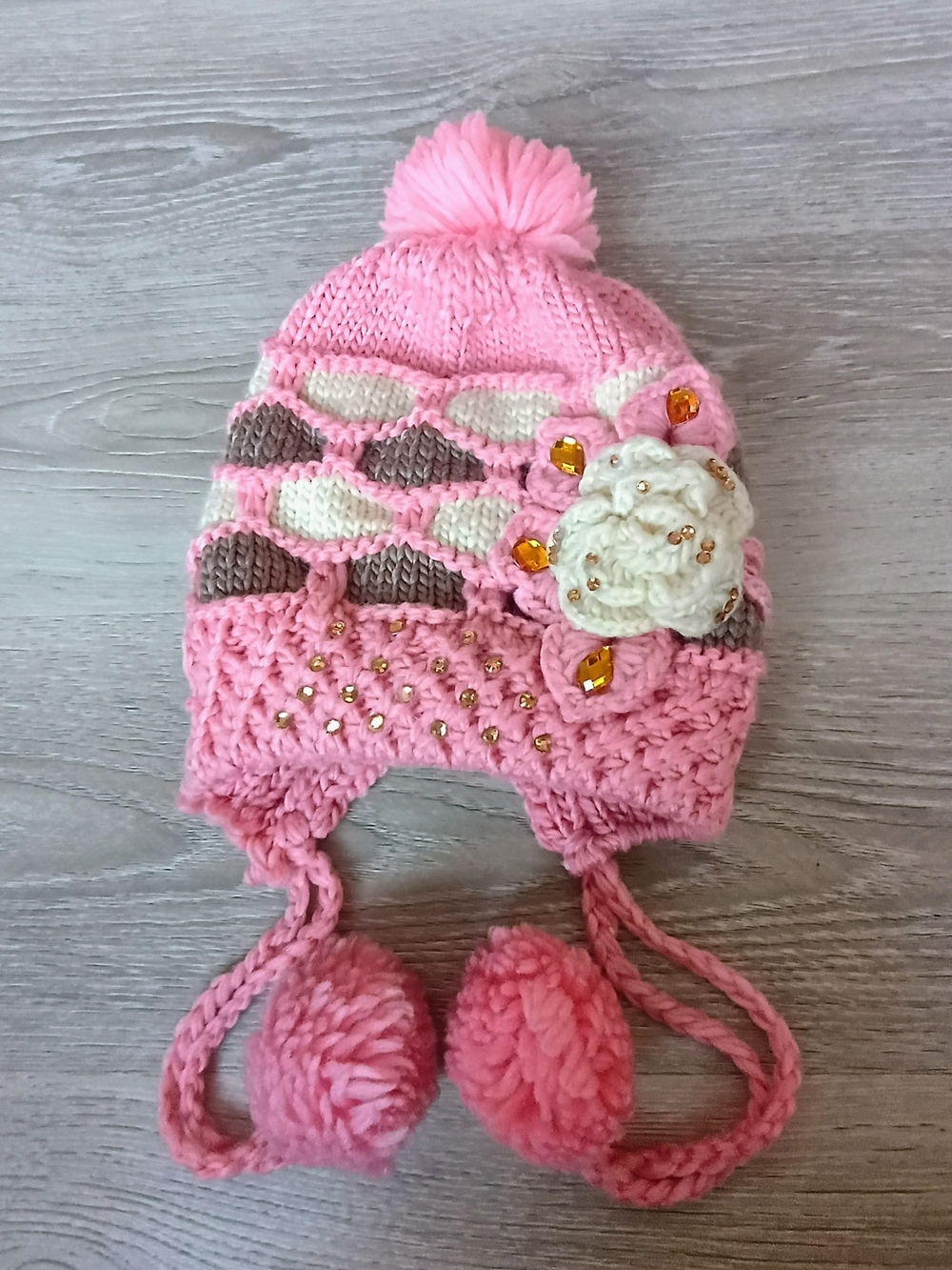 Women's Pink Knit Earflap Beanie Hat Fleece Lined Pom Pom Floral Rhinestone Wint